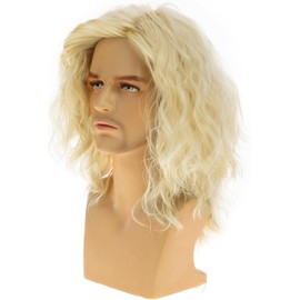 Qnbiar Long Blonde Curly Wig for Men Shoulder Length Wavy Hippie 60s 70s Them Party Cosplay Costume Anime Men Wig