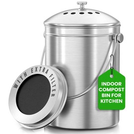 Utopia Kitchen Indoor Compost Bin Kitchen, Odorless Composting with Charcoal Filter, 1.3 Gallon Stainless Steel Large Composter for Countertop & Under Sink, Easy Cleaning, One Extra Filter - (Silver)