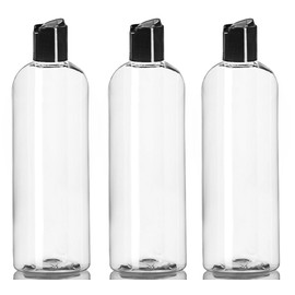 ljdeals 16 oz Clear Plastic Empty Bottles with Black Disc Top Caps, Squeezable Refillable Containers for Shampoo, Lotions, Cream and more Pack of 3, BPA Free, Made in USA