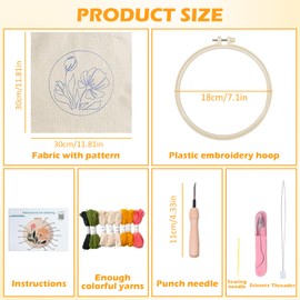 OlyPegic Punch Needle Kit for Beginners,Embroidery Starter Set with Hoop,Punch Needle,Threads and Instructions,Flowers Pattern Handcraft Embroidery Kit for Kids and Adults,20x20cm