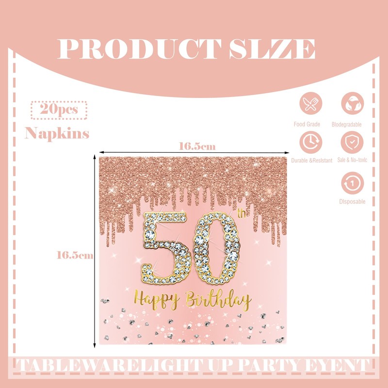 COSORO 20pcs Rose Gold Napkins, 50th Birthday Serviettes for Ladies,