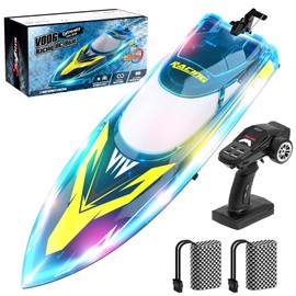 RC Boat for Adults Kids, 30+ KPH Remote Control Boat for Lake Pool River with Cruise-Control, Racing Boats, 60Min, 3 Speeds, Self-Righting, One Key Demo, LED Light, 2 Batteries, Ideal Toy Gift for Kid