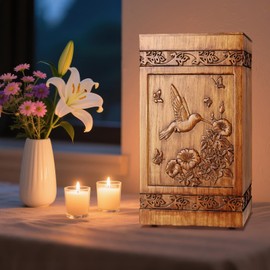Urns for Human Ashes Adult Man, Engraved Wooden Urn Box for Cremation, Burial Biodegradable or Keepsake Decorative, fits Human Ashes Adult Men Women Large Pets(Wood, 250lbs, Hummingbird)