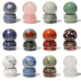SSAKUGGI Gemstone Sphere with Stone Stand, Mix 6PCS Sets 1.2 Inches Gemstone Ball Stone with Base, Crystal Sphere Chakra Stones, Sphere Sculpture Figurine for Home Decor
