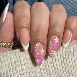 24 Pcs Spring Press on Nails Short Almond Nail Tips,YEFIUO Nude Pink Fake Nails Press ons White French Glue on Nails Acrylic Nail Art Kit Full Cover False Nails with Bow Small Flower Design for Ma'am