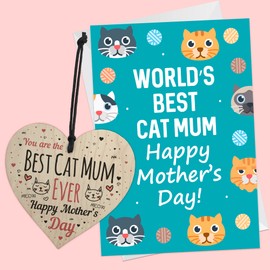 RED OCEAN Mothers Day Card For Best Cat Mum - Funny Mothers Day Wooden Heart And Card For Mum - Funny Mothers Day Card From The Cat - Novelty Mother's Day Cards