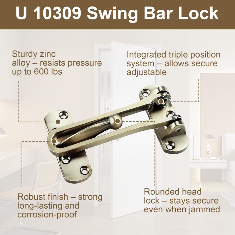U 10309 Swing Bar Lock for Hinged Swing-in Doors,Door Guard