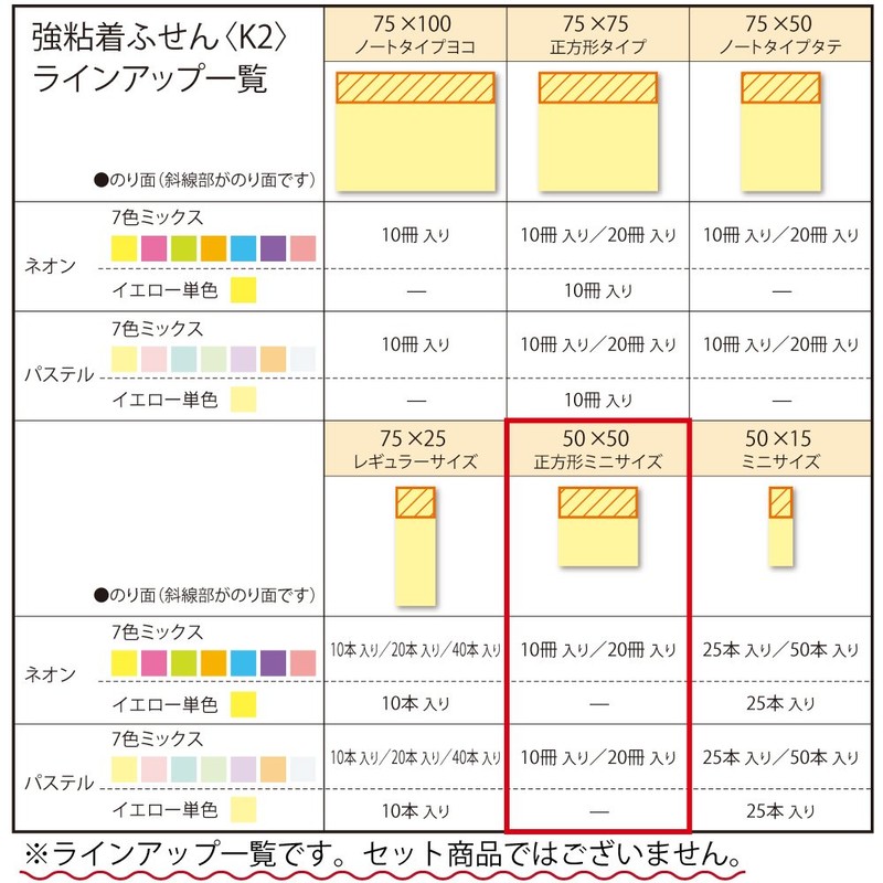 コクヨ 付箋 強粘着 K2 50mm×50mm ネオンカラー 90枚×10冊 7色 K2メ-KN5050X10