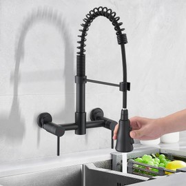 DEMIINUS Wall Mount Kitchen Faucet, 8 Inch Center Commercial Sink Faucet with Pull Down Sprayer, 2 Handle Wall Mount Faucet for Kitchen Sink, Matte Black