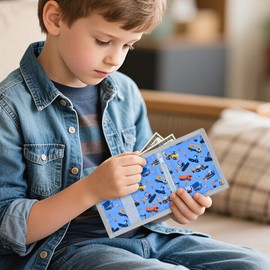 Lattlefnki Kids Wallet for Boys Trifold Wallet with Keychain Holder and Zippered Coin Pocket Durable Boy Wallets for Kids Ages 4-16, Boys Wallet Gift Blue Excavator