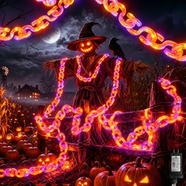 amadecohome Halloween Decorations Plastic Chain Lights, 10ft Outdoor Waterproof Orange Purple String Lights with Timer & 8 Lighting Modes, Spooky Creepy Decor for Skeleton Dog Halloween Costume Party