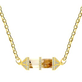 Vivaday Watermelon Quartz Crystal Fashion Necklace | Spiritual Sparkling CZ Chakra Healing Necklaces for Women | Hexagonal Natural Stone Bullet Pendant Jewelry- Gold Plated 18"+2" Chain YA4825