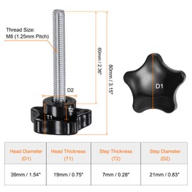 sourcing map 4pcs Star Clamping Knobs M8 x 60mm Metric Male Thread 39mm Large Plastic 5-Star Head Hand Tightening Thumb Screw Jig Knob Handle, Black