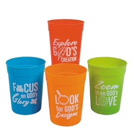 Fun Express 4" 10 oz. Zoom In VBS Bright Color Reusable Plastic Cups - 12 Count, Vacation Bible School Supplies