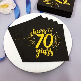 CHANGCAO80Pieces Gold70th Birthday Dinner Celebration Party Decorative Napkin Black70th Birthday Decorative Men's and Women's Party Supplies Cocktail Napkins in a black, Cheers to 70 Years