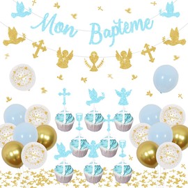 Mon Baptême Decorations First Holy Communion Decorations Blue Gold Mon Baptême Banner Angel Cross Pigeon Grail Bunting Garland Cupcake Toppers for Boys Girls Netural Baptism Baby Shower Decorations