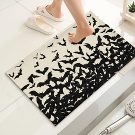 Halloween Black Bat Bath Mat 32x20 Inch Distressed Bat Silhouette Non Slip Absorbent Washable Bathroom Rug Spooky Halloween Shower Floor Mat for Kitchen Entryway Indoor