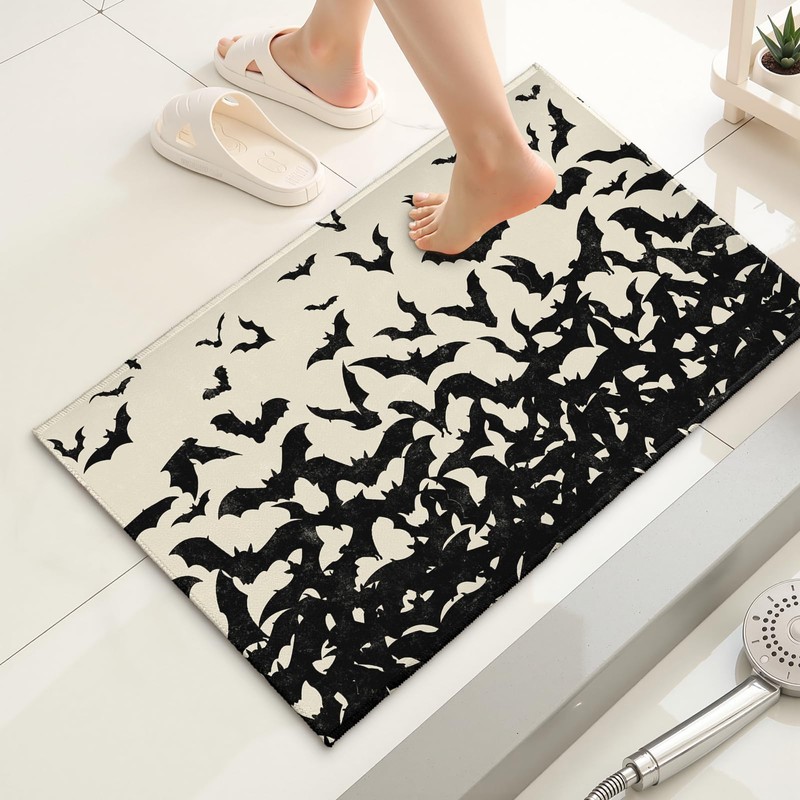Halloween Black Bat Bath Mat 32x20 Inch Distressed Bat Silhouette