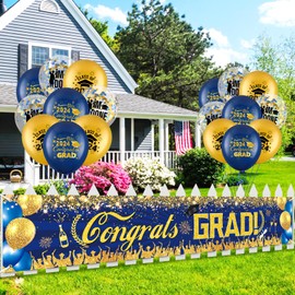 Graduation Party Banner Balloons Decorations Navy Blue Gold Graduation Yard Fence Banner Sign 18PCS Congrats Grad 2024 Balloons Decor for Class of 2024 College High School Outdoor Backdrop Supplies