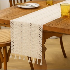 Tischläufer Beige (30x140 cm) - Makramee Tischdecke aus Baumwolle-Leinen im Boho-Landhausstil | Schmaler Tischläufer für Hochzeit, Esstisch & Deko | Waschbar & langlebig