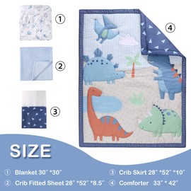 Honkaii Dinosaur Crib Bedding Set for Boys 4pcs,Baby Nursery Bedding Crib Set Including Quilt,Skirt,Sheet, Blanket.Blue Crib Sets