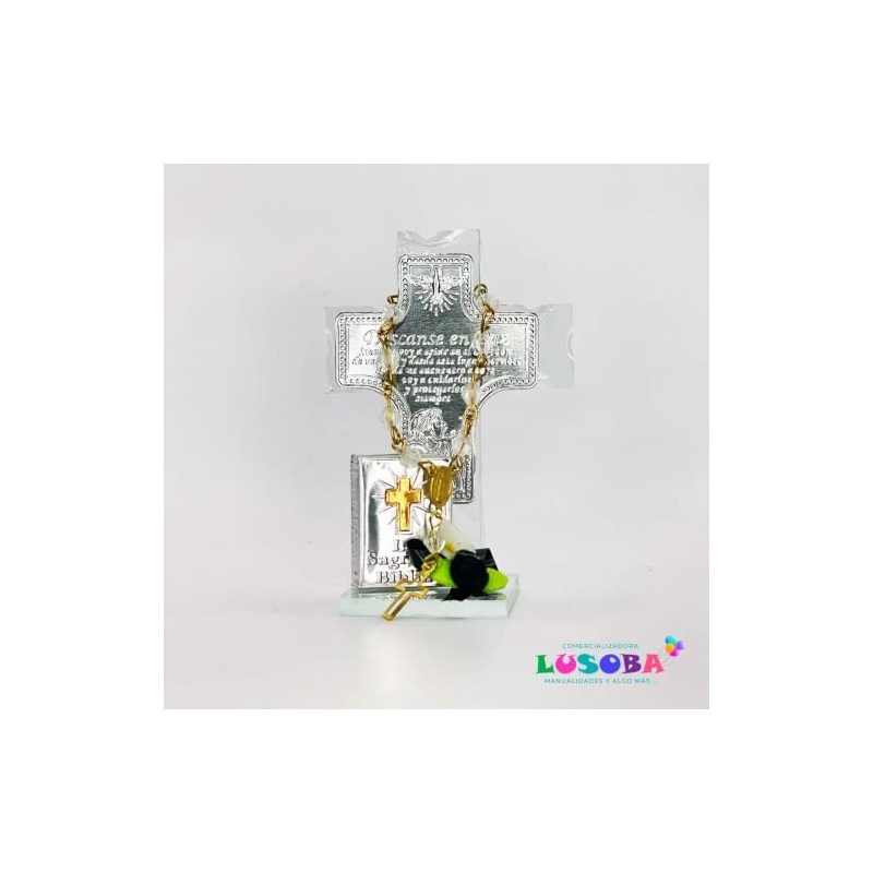 Cruz de Cristal con Mono y Mini Biblia Luctuoso 12