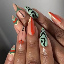 MERVF Almond Press on Nails Medium Fake Nail Colorful Summer Glue ons Nails Irregular Pattern Design Stiletto Acrylic Swirls Manicure Glossy 24pcs