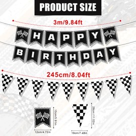 Black Race Car Birthday Banner, Checkered Flag Car Happy Birthday Banner Double-Side Racing Car Birthday Party Banner Self Assemble Decoration