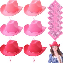 6 Sets Adult Cowboy Hat for Women and Men Western Cowgirl Hats with Adjustable Drawstring and Cowboy Party Paisley Bandana(Mixed Pink)