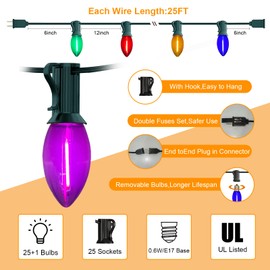 Romasaty C9 LED Multicolor Christmas Lights,25Ft Vintage Christmas Lights with 26 Clear Colorful LED Bulbs, Hanging Connectable Christmas String Lights for Patio Garden Holiday Home Christmas Decor