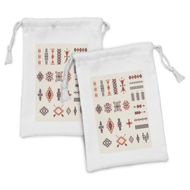 Ambesonne Tribal Fabric Pouch Set of 2, Illustration of Aztec Culture Pattern Tribal Design Geometric Print, Small Drawstring Bag for Toiletries Masks and Favors, 9" x 6", Orange and Brown