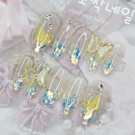 Sky Blue Butterfly Handmade Nail Tips - Coffin Egg / 하늘빛 나비 수제네일팁 - 코핀에그