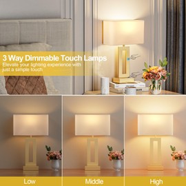 Bedroom Table Lamps Set of 2 - Touch Bedside Lamps with USB C+A, 3 Way Dimmable Gold Lamp for Nightstand, Modern Night Stands Lamps for Living Room End Tables Desk Bed Side Study Room(16.4n)