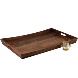 MAGIGO 28 x 18 Inches Large Rectangle Curved Black Walnut Wood Ottoman Tray with Handles, Serve Tea, Coffee, Classic Wooden Decorative Serving Tray