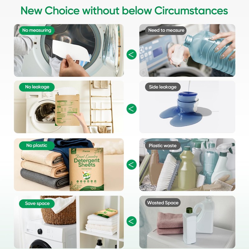 Travel Laundry Detergent Sheets Eco-friendly 120 Loads Fisroa Clothes Washing