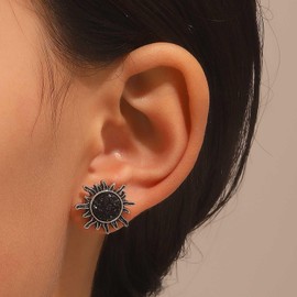 Inilbran Boho Onyx Sun Earrings Vintage Sunburst Stud Earrings Black CZ Sunflower Earrings Minimalist Black Earrings Jewellery for Women and Girls, Zinc