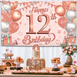 KatchOn, Happy 12th Birthday Banner - 72 x 44 Inch | Rose Gold 12th Birthday Banner | 12th Birthday Decorations for Girls | Rose Gold 12th Birthday Backdrop | 12 Year Old Birthday Party Decorations