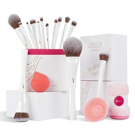 Jessup Brush Set Makeup Brush 14-Piece Makeup Brush Set, High-Quality Makeup Gift Set for Women, Makeup Set, Makeup Sponge, Brush Cleaner, Towel, Pearl White T333
