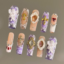 NailVesta Top Trend Collection – 100% Handcrafted 3D Press-On Nails | Reusable, Long-Lasting, Salon-Quality - Style: Lavender Angel , Size: S