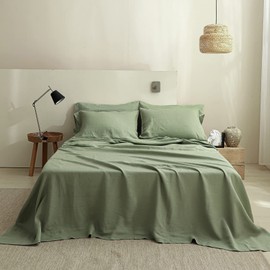 Simple&Opulence 100% Linen Sheet Set Solid Color- 6 Pcs Washed French Flax Bed Sheets (1 Flat Sheet, 1 Fitted Sheet, 4 Pillowcases) - Breathable Home Collection (Basic Sage Green, King)