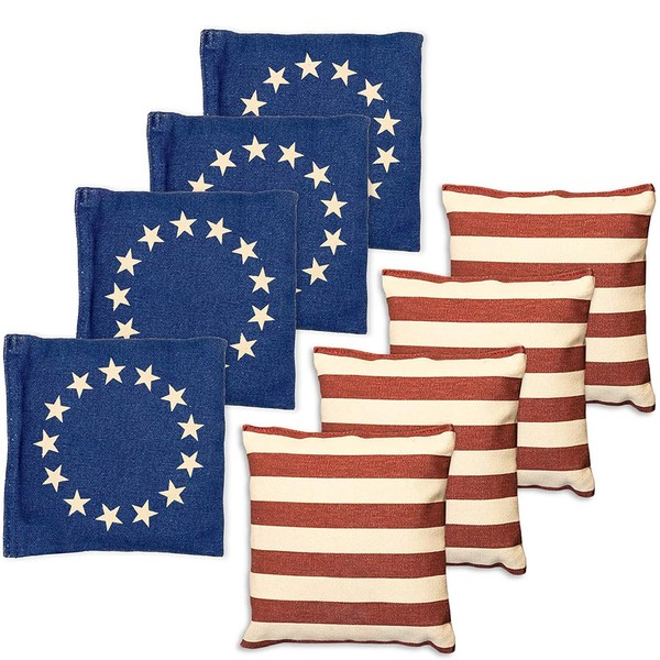 Barcaloo Cornhole Bean Bags Set of 8 - Weather Resistant Duck Cloth, Regulation Size & Weight - Betsy Ross Vintage American Flag