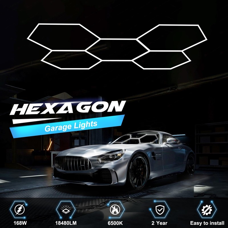 FERUERW Hexagon Garage Lights 3 Level Dimmable, High Brightness 168W