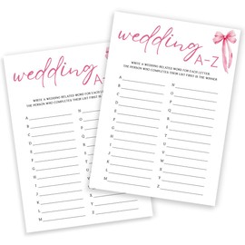 Wedding Shower Games Cards, Wedding Words A to Z, Bridal Shower Games 25 Guests, Engagement Party Wedding Games for Guests, Pink Ribbon Bow Wedding Party Supplies - E15