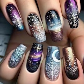 Press on Nail Medium Ballet Shaped Starry Sky False Nail Branches Moon Pattern Design Smudge False Nail Full Cover Glossy Artificial Stick on Nail Reusable Press Ons Glue on Nails for Women 24Pcs