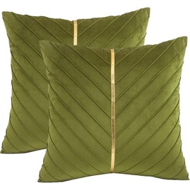 Tosleo Pack of 2 Velvet Cushion Covers, 50 x 50 cm, Decorative Green Cushion Cover with Gold Leather, Luxury Modern for Living Room, Bedroom, Sofa, Cushion, Bed