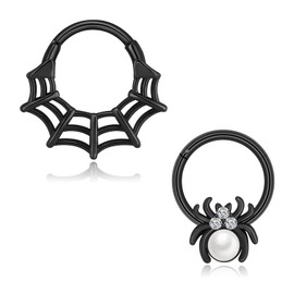 Stuppendux 2pcs 16G 1.2MM Stainless Steel Black Spider and Spider Web Set Septum Rings Pierced Nose Ear Cartilage Ring Couple Style Diameter 10mm