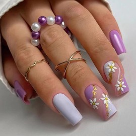 24 PCS Flower Press on Nails Matte Purple French False Nails Square Short Fake Nails Full Cover Stick on Nails for Women Girls Daily Wear Salon