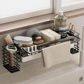 Sink Organiser, Hanging Kitchen Organiser, Sink with Dish Cloth Holder | Black metal sink organiser with 2 baskets, drip tray and hooks for kitchen, sink and household