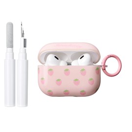 Reownest Case Compatible with AirPods Pro 2nd and 1st Generation with Cleaning Kit, Cute Strawberry Design Soft TPU Shockproof Protective Case Cover - Pink Strawberry