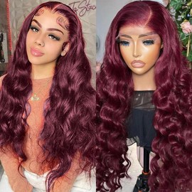 PDTBO 26 inch99J Burgundy Lace Front Wigs Human Hair 200% Density Glueless 13x4 Wine Red Body Wave HD Lace Front Wigs Human Hair Pre Plucked Glueless
